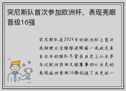 突尼斯队首次参加欧洲杯，表现亮眼晋级16强